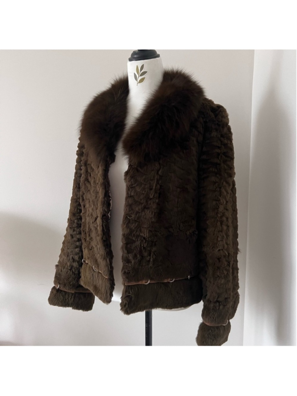 Vintage Brown-Green Real Rabbit & Fox Fur Jacket with Ring Details | Size S-M